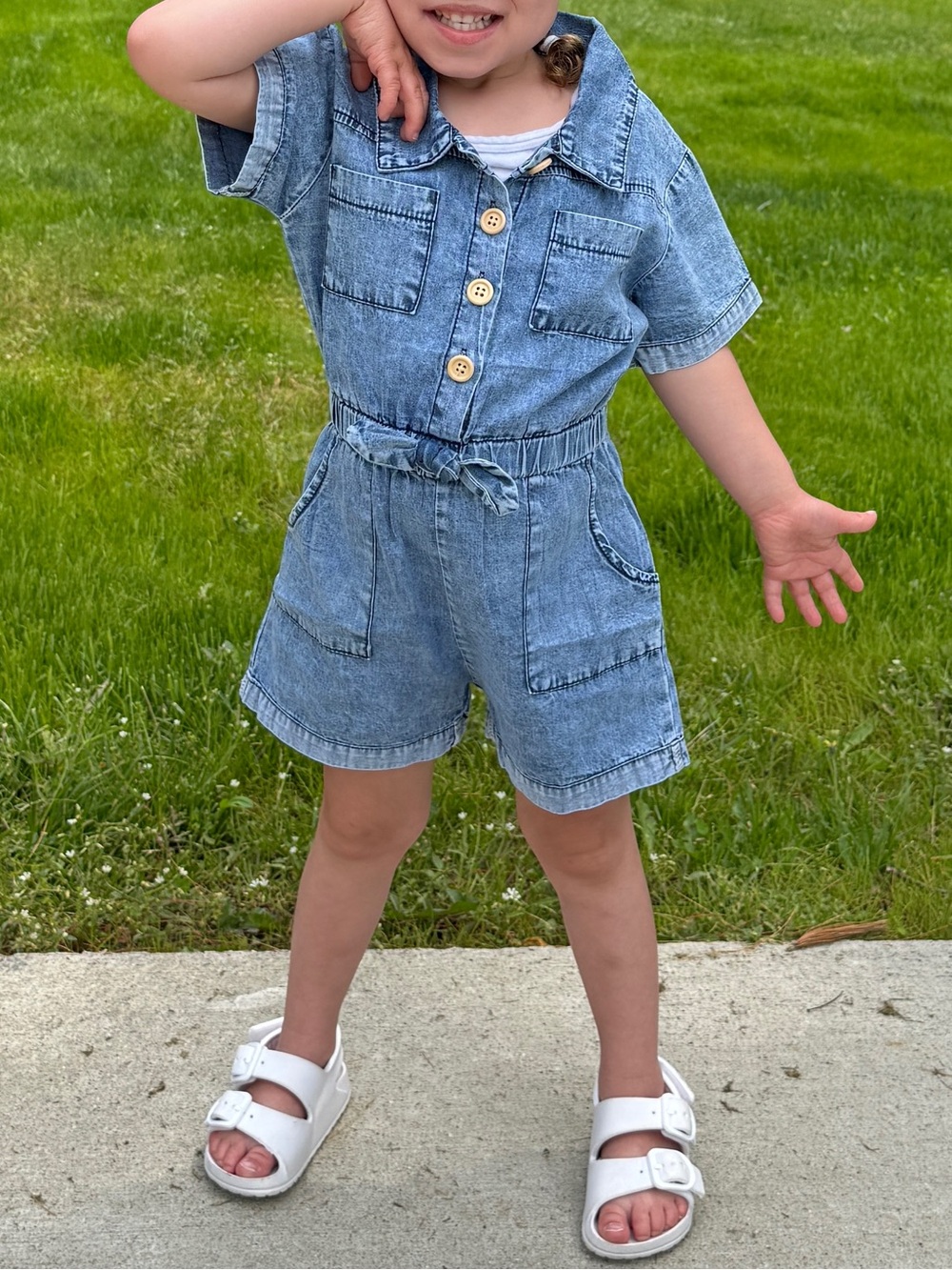 Girls' Light Blue Denim Short Romper with Button Front